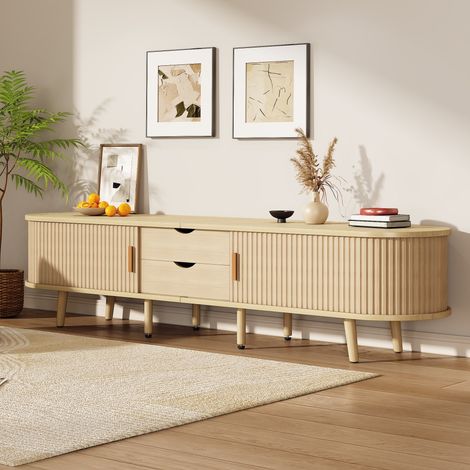 Meuble TV Salon - Plateau Rond MDF Bois - 2 Tiroirs de Rangement - Charge 30kg - 175x40x42cm (1/5)