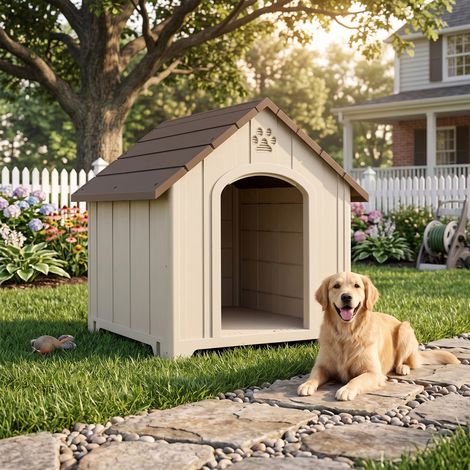 Niche pour chien extérieur en polypropylène imperméable - Beige - Ventilée avec plancher surélevé - Pour jardin, cour, terrasse - Design protecteur et résistant aux intempéries (1/5)