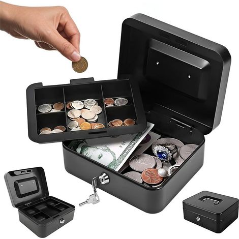 Boîte de verrouillage métallique pièces de monnaie noir stockage sécurisé et clé (1/5)