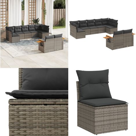 9-tlg. Garten-Sofagarnitur mit Kissen Grau Poly Rattan - Gartensorte - Lounge Set - Gartenmöbelset - Outdoor Möbel - Rattan Gartenmöbel - Home & Living (1/5)