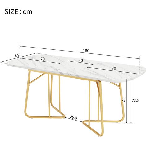 Table extensible blanche effet marbre, pieds en métal doré, table à manger rectangulaire 140/180x80 cm, style luxueux raffiné, pour 4 à 6 personnes. (1/5)