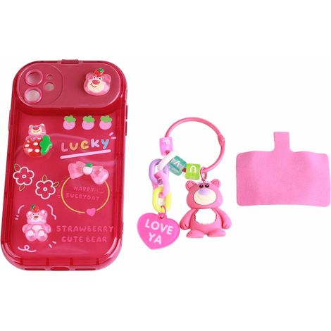 Coque téléphone 3D ours fraise, housse souple cartoon poussière, étui protecteur avec pendentif pour iPhone 11, design tendance (1/5)