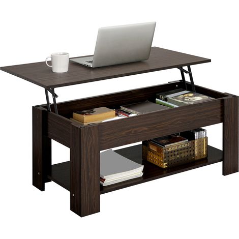 Yaheetech – Table basse relevable moderne avec étagère de rangement – Dimensions 98 x 50 x 42 cm – MDF et mécanisme métallique – Marron foncé