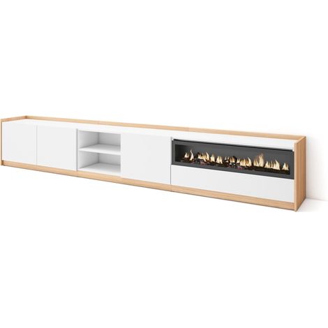 Skraut Home - Mobile TV Soggiorno, 310x37x50cm, Per TV fino a 80", Camino elettrico, Bianco e Rovere soft (1/5)