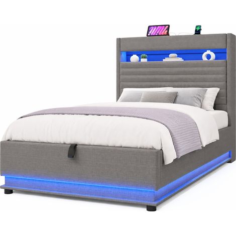 Lit coffre 90x200 avec LED, USB-C et rangement hydraulique, tête de lit rembourrée, tissu gris, sans matelas - CHICFURN (1/5)