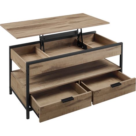 Vasagle – Table basse relevable marron camel et noir d'encre – Rangement ouvert et compartiments cachés – Plateau ajustable 48-63 cm – Acier et aggloméré