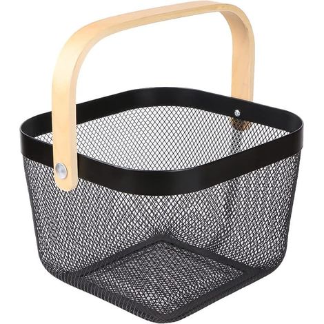 Mesh Steel Storage Organizer Basket Fruit Basket Bin with Wood Handle Ideal for Kitchen Bathroom Picnic Baskets Pantry Cabinets Storage Home Decor (Black) (1/5)