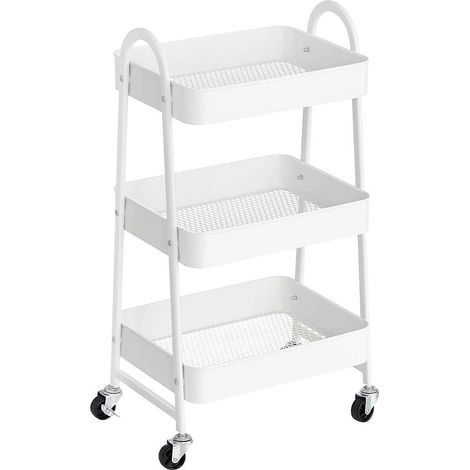 Chariot mobile à 3 niveaux desserte sur roulettes étagère de rangement en métal avec poignées 2 freins montage facile pour atelier chambre cuisine buanderie blanc (1/2)