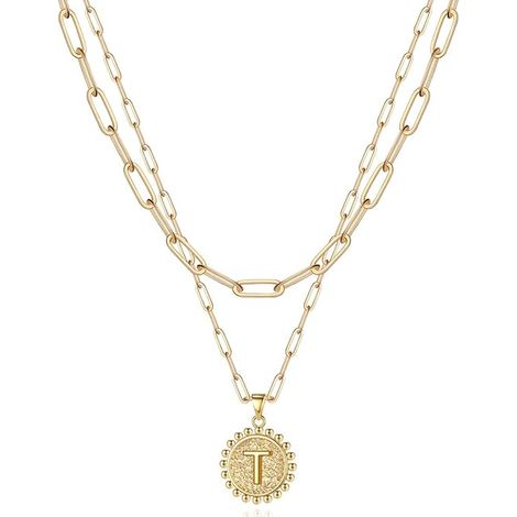 Colliers en or avec initiale pour femmes, plaqué or 14 carats, chaîne à maillons fins et délicats, colliers en or avec initiale personnalisée et pièces superposées pour femmes (1/5)