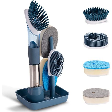 Brosse à vaisselle, set de brosses à vaisselle au savon avec 4 têtes de rechange et étagère de rangement pour le nettoyage de l'évier (bleu) (1/2)