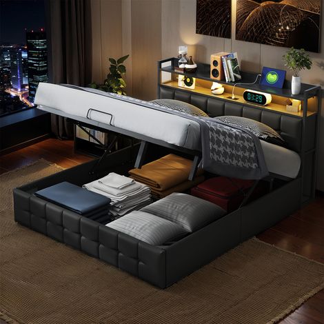 Lit Coffre 140x190 avec LED et USB,Lit Double Rembourré avec Rangement et Tete de lit,lit 2 Personnes Cadre de Lits avec Sommier à Lattes,PU,Noir(sans Matelas)