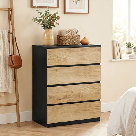 Commode 4 Tiroirs pour Chambre à Coucher, Meuble Rangement avec 4 Tiroirs, pour Salon, Salle à Manger et Couloir, Finition Noir et Chêne (1/5)