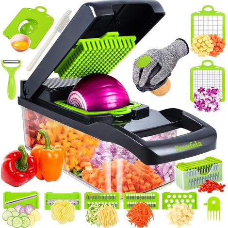 18 en 1 Coupe Legumes Multifonctions - Mandoline Cuisine, Hachoir à Légumes avec 7 Lames, Gant, Brosse de Nettoyage et Éplucheur, Coupe-Légumes pour Fruits et Légumes (1/5)
