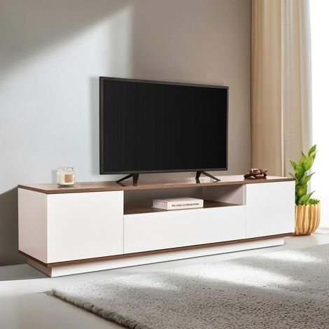 Meuble TV moderne 3 portes blanc et effet noyer MARFA