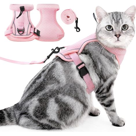 Harnais et de Laisse pour Chat - Gilet pour Chat Réglable Anti-évasion avec Bandes Réfléchissantes, Contrôle Facile et Marche en Toute Sécurité pour Chats Collier de Chaton de Voyage (Rose, L) (1/5)