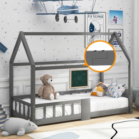 Letto a casetta per bambini 90/200 cm grigio di legno massello con lavagna e sponde anticaduta (1/5)