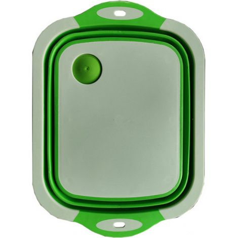 Planche à Découper Pliable 3-en-1 – Évier, Bol et Panier de Rangement – PP et Silicone TPR – Vert-Blanc – 37 x 27 x 12 cm – 1 Pièce