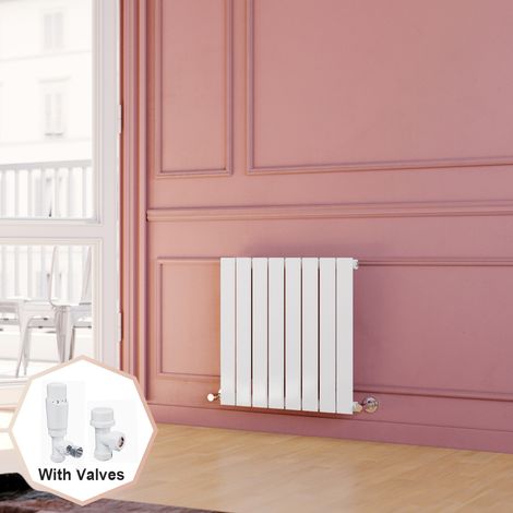 ELEGANT 600 x 600 mm White Horizontal Radiator Single Flat Panel Central Heating Modern Radiators + White Thermostatic Radiator Valves (1/5)