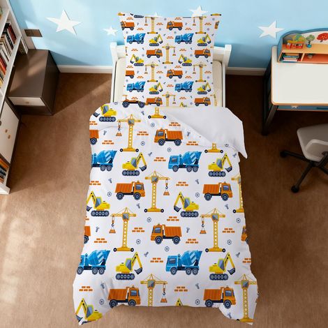 Parure de lit pour enfant 2 pièces, 135 x 200 cm, en microfibre douce, avec camion de frappe, pelleteuse, véhicule de construction, grue turbulaire, pour garçon, housse de couette et taie (1/5)