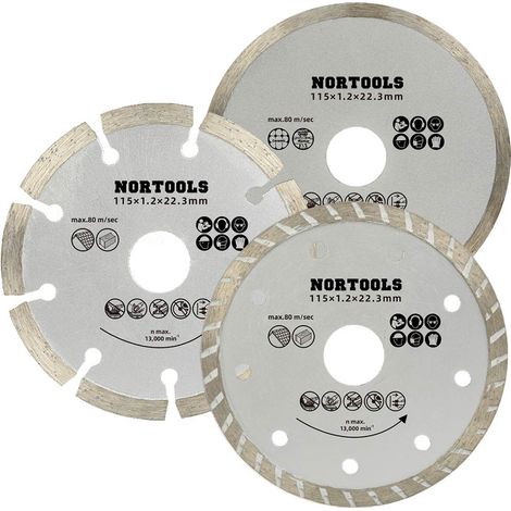 Disque diamanté pour meuleuse d'angle Lot de 3 disques diamantés 115 mm à jante continue turbo segmentée pour la coupe de porcelaine, pierre, brique, béton et maçonnerie (1/5)