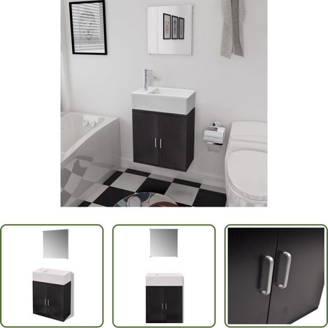 vidaXL Miroir mural - Meubles de salle de bains trois pièces Noir (1/5)