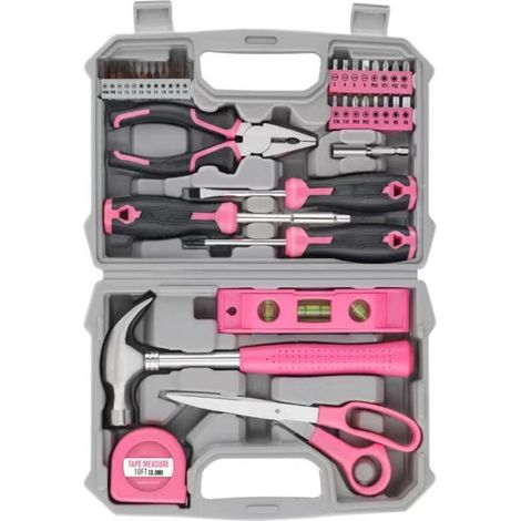 Coffret à outils : Coffret à outils complet pour bricoler soi-même, kit d'outils rose professionnel, maison, bureau (1/5)