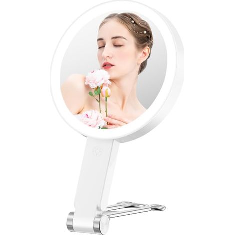 Miroir de Maquillage LED Double Face, Grossissement 1X 10X, 64 Lumières LED à luminosité Réglable avec 3 Modes de Couleur, Miroir de Courtoisie Mural Portable pour Voyage à la (1/5)