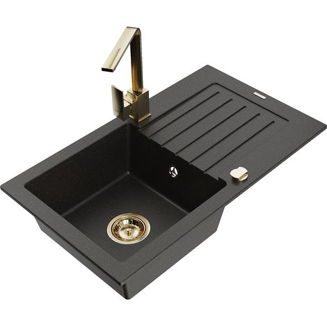 Mexen Pablo 1 Becken-Granitspüle mit Abtropffläche und Mischbatterie Rita, Schwarz/Gold metallisch- (1/5)