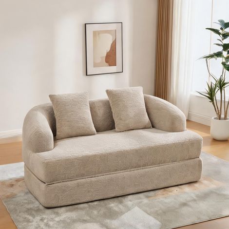 Canapé convertible 2 places en chenille beige avec coussins khaki (1/5)