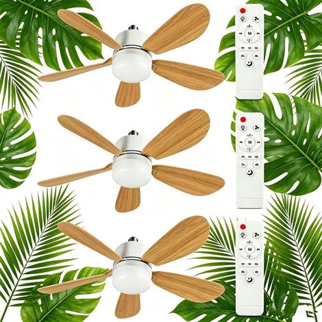 lot de 3 Ventilateur de Plafond avec Lumière et Telecommande, E27/E26 40W Lampe de Ventilateur LED Dimmable Plafonnier Timing, Silencieux, 5 Pales, 3 Vitesses pour Chambre Salon, Bureau