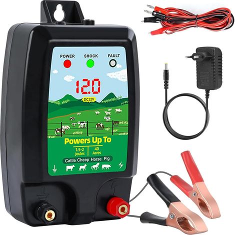 Cloture Electrique 12V avec Affichage LED, Electrificateur de Cloture Electrique pour Chiens Bovins Moutons Chevaux Animaux, Sortie 2J Portee jusqu’a 10KM (1/5)