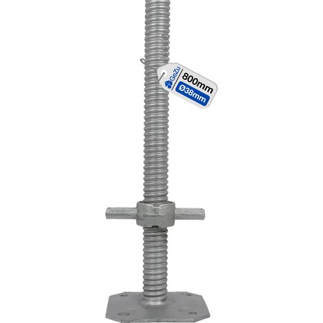 Vérin d’échafaudage réglable avec tige filetée Ø38 mm – Longueur 800 mm – Électroplaqué – Plaque de pied robuste pour stabilité et sécurité – GeZu Impex