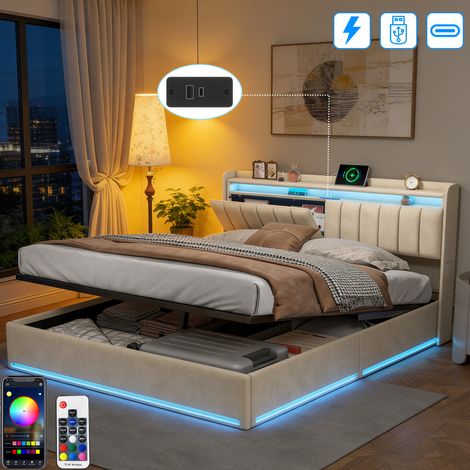 Lit Coffre 140×190 avec LED et Ports USB,Tête de Lit capitonné avec Étagères Ouvertes et Rangement Caché, Lit 2 personnes avec Hydraulique, Sommier à Lattes, Velours,Beige
