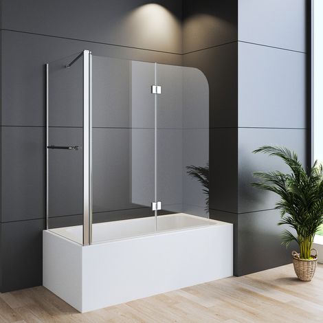 Duschwand für Badewanne 70 x 120 x 140 cm Duschwand mit Seitenwand 2-teilig Faltbar, Badewannenaufsatz mit Seitenwand Duschtrennwand Faltwand aus 6mm Nano Glas