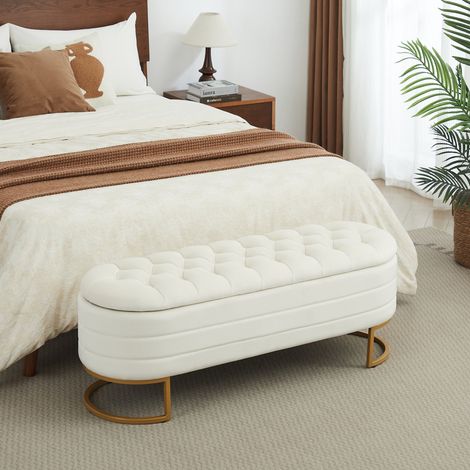 DOKEA Banc style Chesterfield en velours avec coffre en pied de lit et pieds métalliques dorés, beige (1/5)