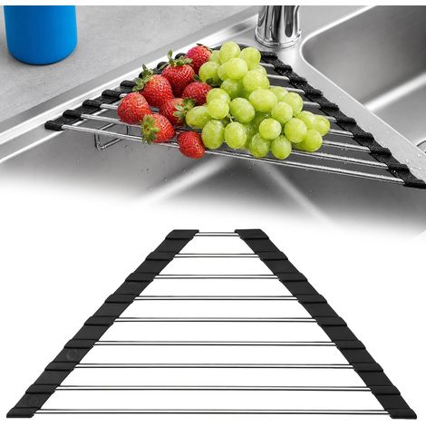 Égouttoir à Vaisselle Triangulaire, Égouttoir Triangulaire à Enrouler Noir 41x16.5 cm Égouttoir Triangulaire Évier Enroulable, Égouttoir Enroulable Inox Évier avec Extrémités en Silicone Épaisses Noi (1/5)