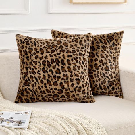 Lot de 2 Housses de Coussin Peluche Douce Léopard Marron 45x45cm (1/5)