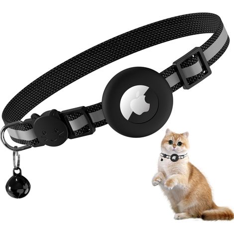 Collier Chat Airtag, Collier pour Chat Anti-étranglement avec Étuis Protection Airtag et Clochette, Convient aux Chats de Toutes, Taille Réglable, Noir Rayures (1/5)