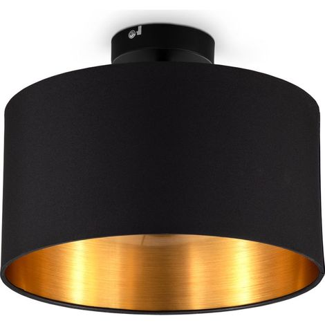 B.K.Licht Plafonnier textile avec abat-jour Ø300mm rond 1xE27 max 60W lumière blanche chaude noir or lampe plafond salon chambre couloir