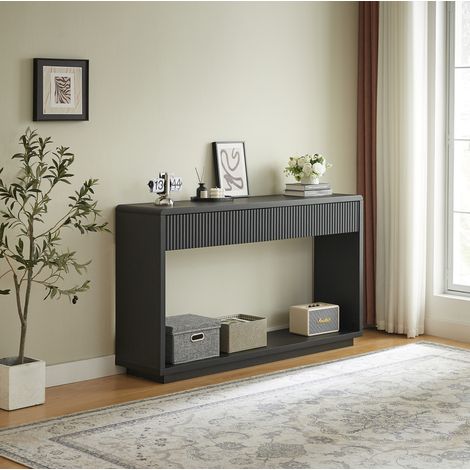 Consola de 150 x 35 x 85 cm con 2 cajones y nicho abierto, para recibidor y salón, paneles negros. (1/5)
