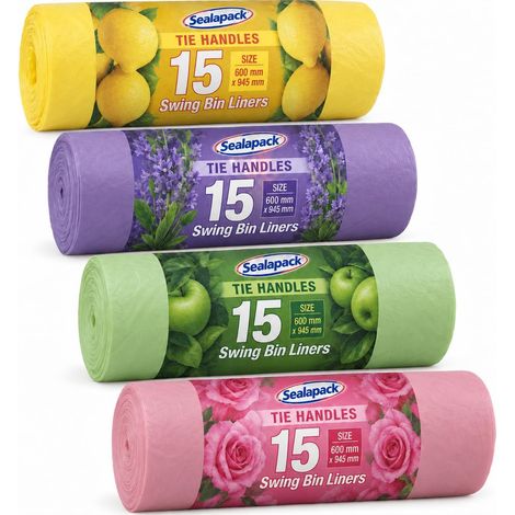 Lot de 60 sacs poubelle parfumés 50 l 15 citron, 15 lavande, 15 pommes, 15 sacs poubelle parfumés à la rose Poignées à nouer 60 cm x 94 cm (1/5)