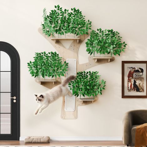 Katzenkletterwand 155x210 cm Wand-Kratzbaum Katze in Baumform, Kratzbaum Wandmontage aus Kiefernholz mit Plattformen und Kratzfläche