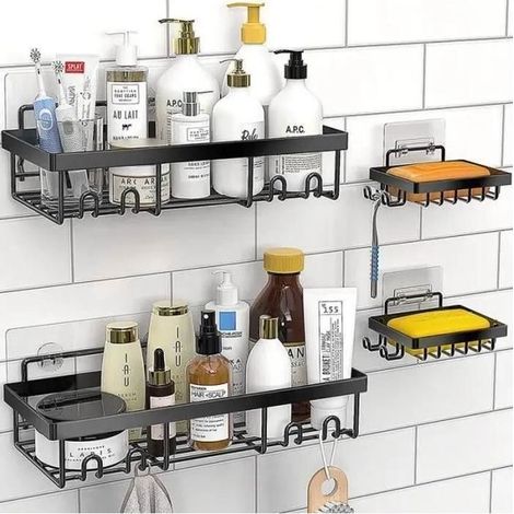 Étagere Salle de Bain - Accessoire Antirouille avec Crochets - Noir (1/4)