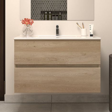 Meuble sous vasque seul, 2 tiroirs, 80cm, pour simple vasque - nebraska (chêne clair) - IDA