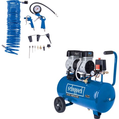 Scheppach Compresseur d’air HC26Si – Compresseur à air ultra silencieux – Cuve 24 L – Pression de travail 8 bars – 1100 W – 230 V – Capacité d’aspiration 162 L/min – sans huile + 14 accessoires (1/5)