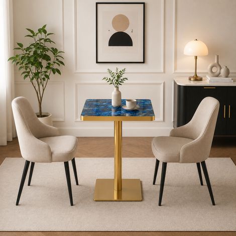 Table de salle à manger carrée avec plateau résistant aux UV, finition effet marbre et structure métallique moderne. (1/5)