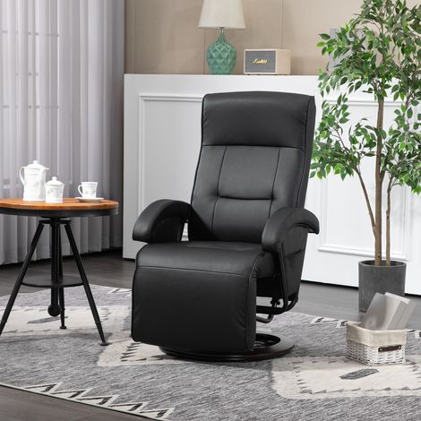 Sillón giratorio tapizado, piel sintética, reposapiés, base de madera, reclinable, negro. (1/5)