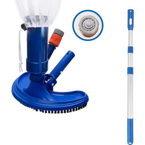 Cabezal de aspiración para piscinas con forma de media luna y cepillo para el fondo, cabezal de aspiración para piscinas con bolsa de filtro y mango telescópico largo. (1/5)
