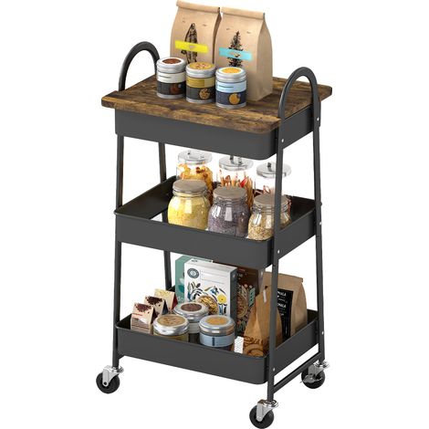 3-Tier Kitchen Storage Trolley with on Wheels Cover Top Board - Rustic Brown Black (1/5)