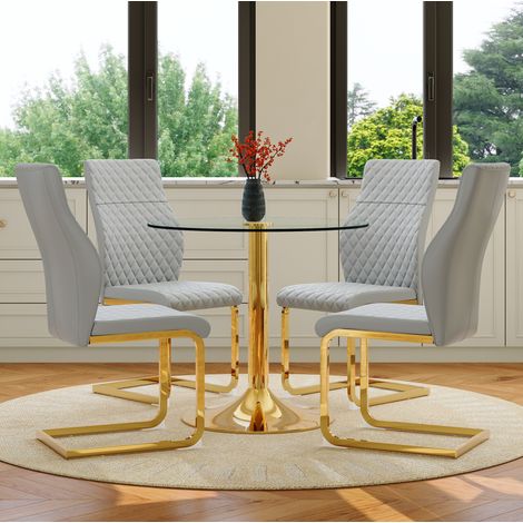 Set tavolo e sedie rotondo 85 cm in vetro temperato con 4 sedie, oro e grigio (1/5)